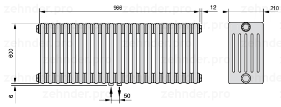 Схема (чертеж) Радиатор Zehnder Charleston 6060/21 №3470 Белый глянцевый RAL 9016